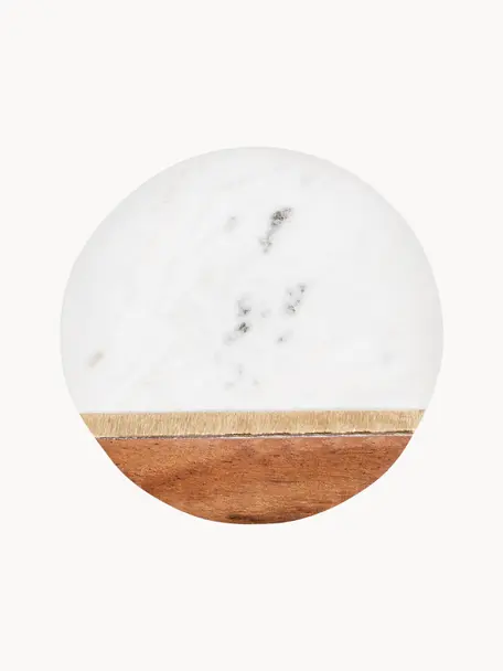Nápojové podtácky z mramoru Marble Kitchen, 4 ks, Mramor, akáciové dřevo, mosaz, Bílá, mramorovaná, světlé dřevo, Ø 10 cm, V 2 cm