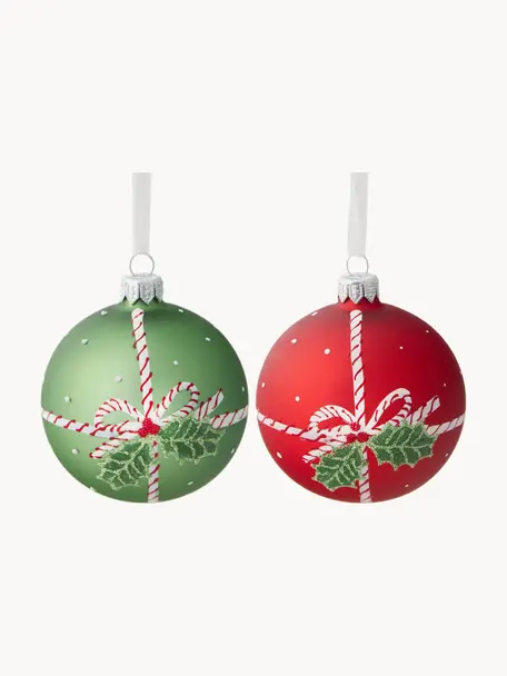 Mundgeblasenes Weihnachtskugel Mistel, 6er-Set, Glas, Rot, Grün, Ø 8 cm