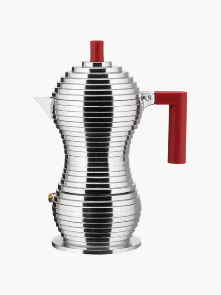 Espressokocher Pulcina für drei Tassen, Gehäuse: Aluminiumguss, Griffe: Polyamid, Silberfarben, glänzend, Rot, B 15 x H 20 cm
