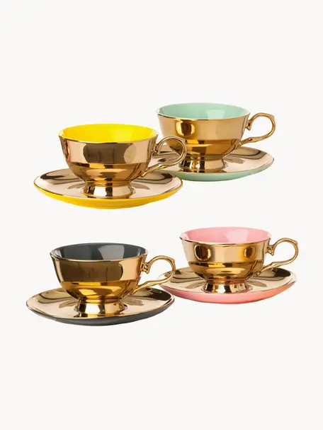 Koffiekopjes Legacy met schoteltjes, set van 4, Porselein, Goudkleurig, Ø 10 x H 6 cm, 200 ml