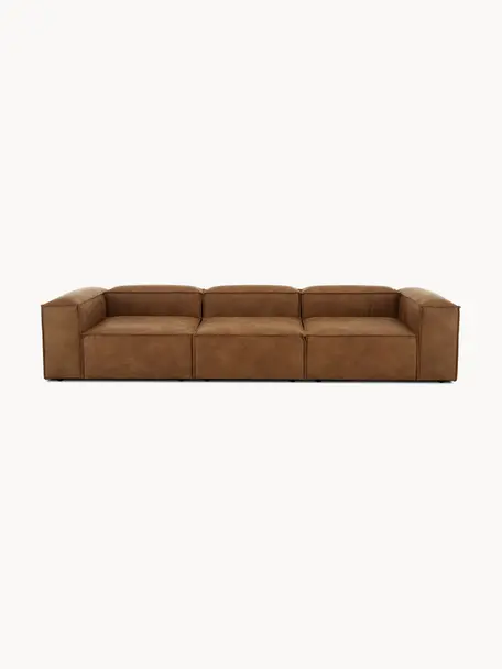 Modulares Sofa Lennon (4-Sitzer) aus recyceltem Leder, Bezug: Recyceltes Leder (70 % Le, Gestell: Massives Holz, Sperrholz, Leder Braun, B 327 x T 119 cm