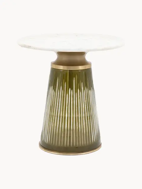 Mundgeblasener Glas-Beistelltisch Seville mit Marmor-Tischplatte, rund, Tischplatte: Marmor, Gestell: Glas, Aluminium, beschich, Olivgrün, Weiß, marmoriert, Ø 46 x H 46 cm