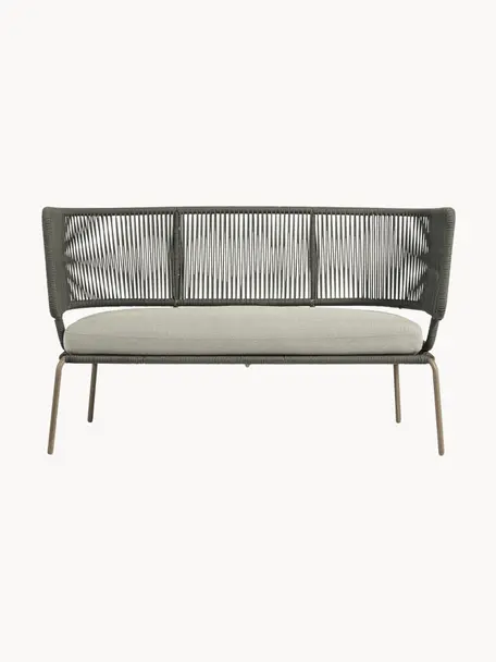 Sofa ogrodowa z plecionym sznurkiem Nadin (2-osobowa), Stelaż: metal ocynkowany i lakier, Tapicerka: poliester, Jasnobeżowa tkanina, oliwkowy zielony, S 135 x G 65 cm