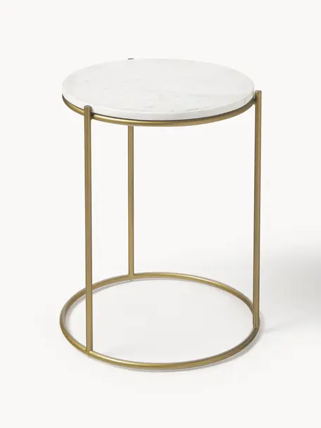 Okrúhly mramorový pomocný stolík Ella, Biela, mramorovaná, odtiene zlatej, Ø 40 x V 50 cm