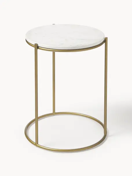 Table d'appoint ronde en marbre Ella, Blanc, marbré, doré, Ø 40 x haut. 50 cm