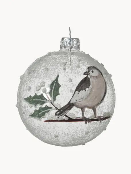 Mondgeblazen kerstballen Birdy Ø 8 cm, 6 stuks, Glas, Transparant, wit, groen, bruin, Ø 8 cm