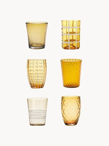Handgefertigte Wassergläser Melting, 6er-Set, Glas, Ocker, Transparent, Set mit verschiedenen Größen