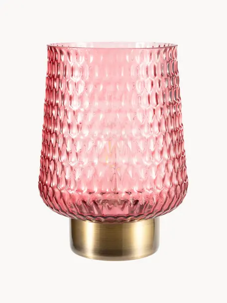 Pequeña lámpara de mesa LED móvil rosa con función de temporizador Glamour, Vidrio, metal, Rosa, dorado, Ø 16 x Al 21 cm