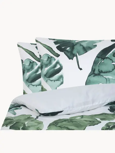 Pościel z satyny bawełnianej Lou, Biały, zielony, 200 x 200 cm + 2 poduszki 80 x 80 cm