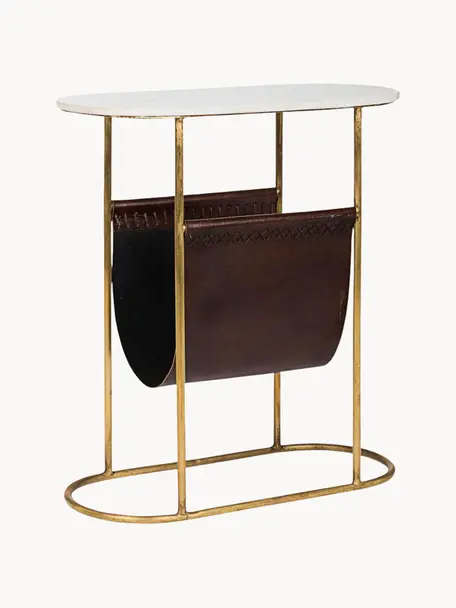 Odkládací stolek s mramorovou deskou a stojanem na časopisy Marmol, Bílý mramor, hnědá, Š 53 cm, H 23 cm