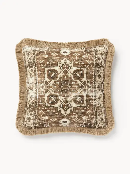 Housse de coussin en jute avec franges Nario, Tons bruns, larg. 50 x long. 50 cm