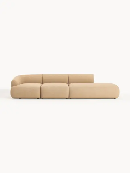 Diván modular grande en tejido bouclé Sofia, Tapizado: tejido bouclé (100% polié, Estructura: madera de abeto, tablero , Patas: plástico Este producto es, Bouclé beige, An 340 x F 103 cm, módulo esquina izquierda