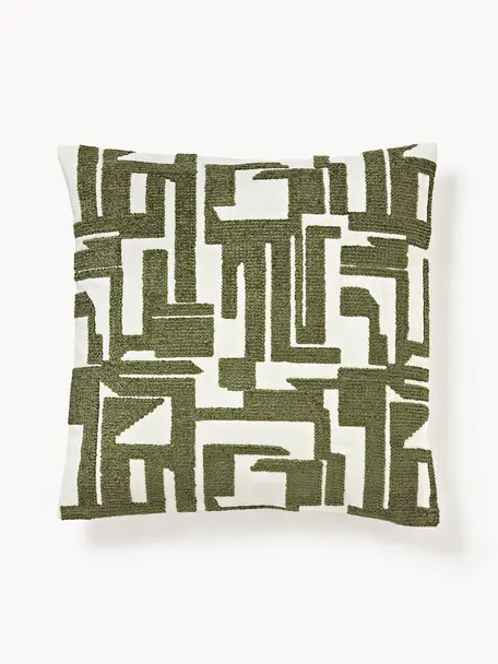 Housse de coussin 45x45 brodée Fran, 100 % coton, Vert olive, blanc cassé, larg. 45 x long. 45 cm