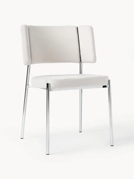 Krzesło tapicerowane Bouclé Samantha, 2 szt., Tapicerka: Bouclé (100% poliester) D, Nogi: metal malowany proszkowo, Złamana biel Bouclé, srebrny, S 55 x G 55 cm