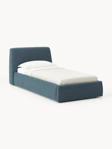 Letto singolo in bouclé con contenitore Cloud, Rivestimento: bouclé (80% poliestere, 2, Piedini: legno di betulla laccato , Bouclé grigio-blu, Larg. 90 x Lung. 200 cm