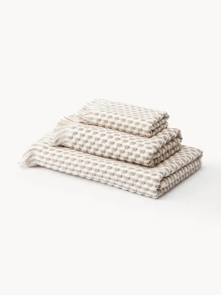 Set de toallas texturizadas Juniper, tamaños diferentes, Blanco Off White, turrón, Set de 3 (toalla tocador, toalla lavabo y toalla ducha)