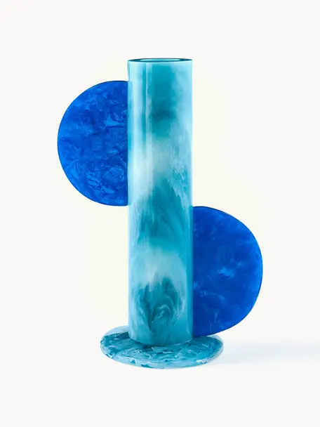 Ručne vyrobená váza Mustique, V 30 cm, Akryl, leštený a mramorový vzhľad, Odtiene modrej, Š 23 x V 30 cm