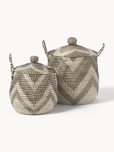 Paniers de rangement avec couvercle Mija, 2 élém., Jonc de mer, Beige, gris, noir, Ø 45 x haut. 52 cm