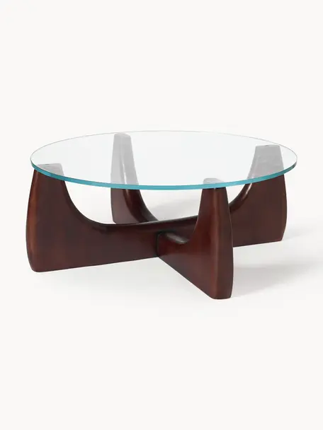 Okrúhly drevený konferenčný stolík so sklenenou doskou Miya, Topoľové drevo, hnedá lakované, priehľadná, Ø 107 cm, V 40 cm