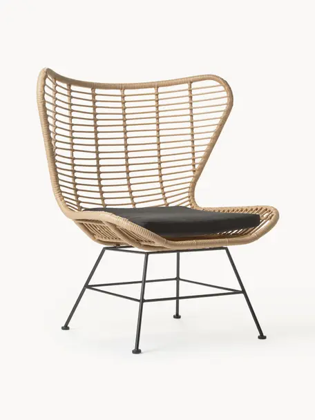 Polyrotan fauteuil Costa, Zitvlak: polyethyleen-vlechtwerk, Frame: gepoedercoat metaal, Lichtbruin, zwart, B 90 x D 89 cm