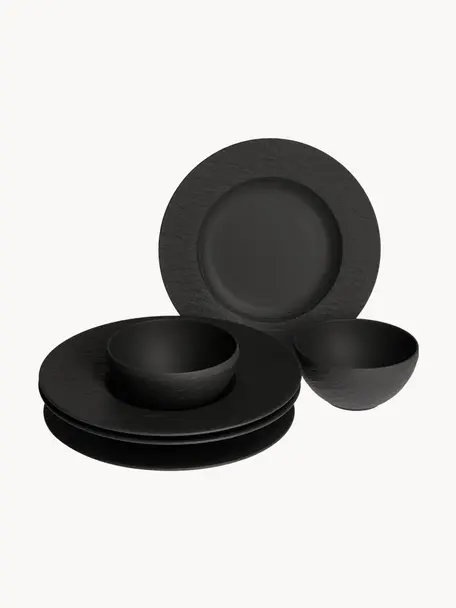 Súprava tanierov z porcelánu Rock, 2 osoby (6 dielov), Porcelán, Čierna, Súprava s rôznymi veľkosťami