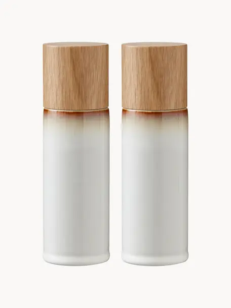 Set macina sale e pepe con coperchio Bitz 2 pz, Coperchio: legno di quercia, Bianco latte maculato, Ø 5 x Alt. 17 cm