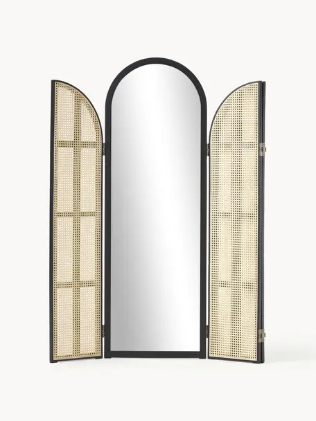 Espejo de pie con biombo de ratán Aura, Parte trasera: tablero de fibras de dens, Espejo: cristal, Negro, beige, An 172 x Al 180 cm