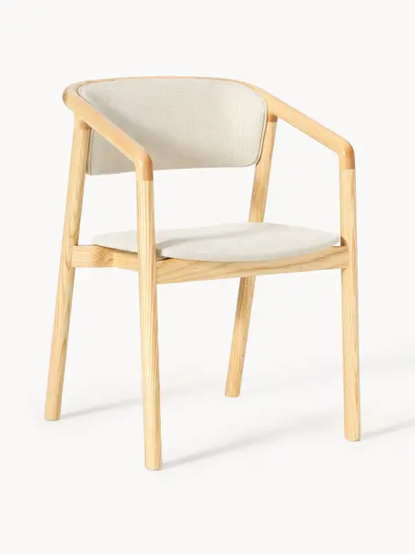 Židle s područkami a čalouněným sedákem Gali, Krémově bílá, světle jasanové dřevo, Š 54 cm, H 54 cm
