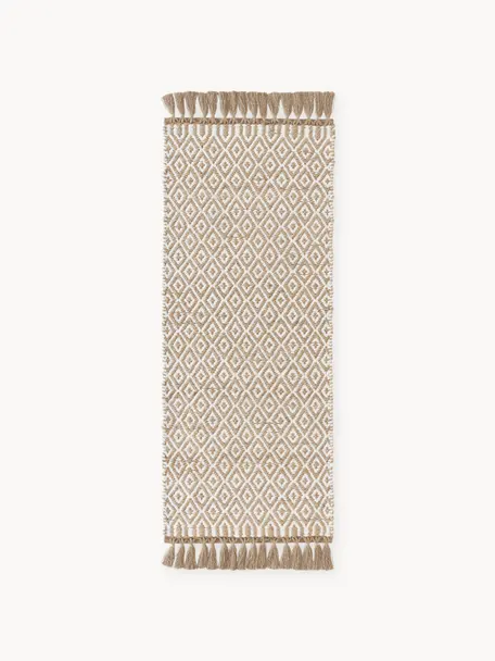 Tapis de couloir en jute fait main Ramos, 100 % jute

Au moins 50 % du textile contenu dans ce produit est composé de fibres de jute. La fibre de jute est une matière première qui se renouvelle rapidement et se caractérise notamment par une faible consommation d'eau lors de la cultivation et le traitement. En outre, ce matériau est entièrement biodégradable, Brun, blanc, larg. 80 x long. 300 cm