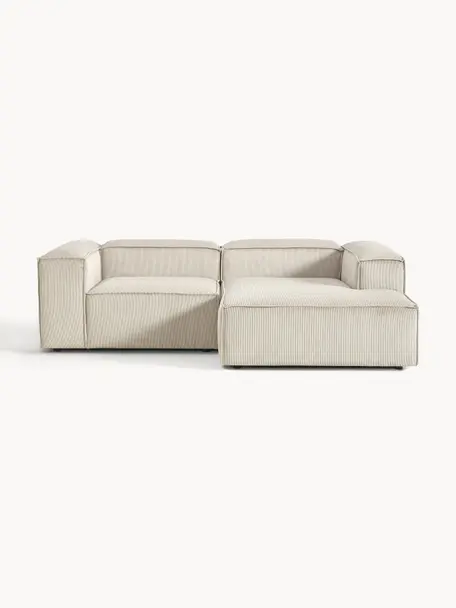 Sofá rinconera modular de pana Lennon, Tapizado: pana (92% poliéster, 8% p, Estructura: madera de pino maciza, ma, Patas: plástico Este producto es, Pana beige claro, An 238 x F 180 cm, chaise longue derecha