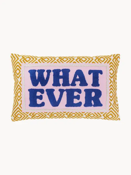 Housse de coussin avec slogan brodé Whatever, Jaune moutarde, rose pâle, bleu foncé, larg. 30 x long. 50 cm