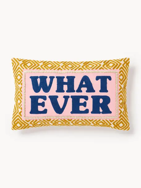 Kussenhoes Whatever met geborduurde tekst, Mosterdgeel, lichtroze, donkerblauw, B 30 x L 50 cm