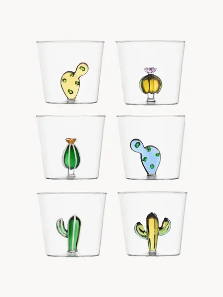 Set de vasos de agua artesanales Desert Plants, 6 uds., Vidrio de borosilicato, Transparente, multicolor, Ancho 160 cm, Largo 50 cm