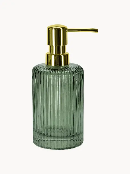 Dosificador de jabón de vidrio Antoinette, Recipiente: vidrio, Dosificador: metal, Verde oliva, dorado, Ø 8 x Al 17 cm