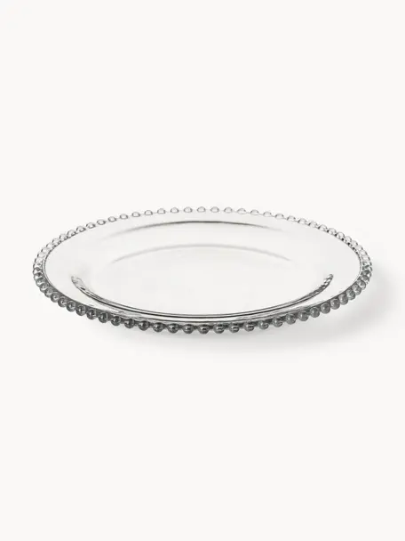 Platos llanos de vidrio con borde adornado Perles, 3 uds., Vidrio, Transparente, Ø 27 cm