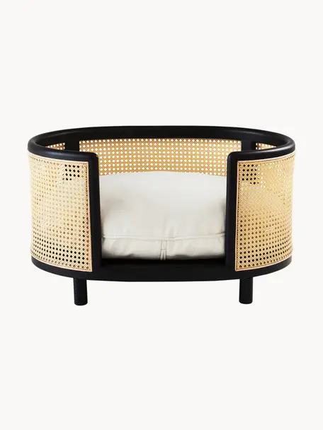 Rattan-Haustierbett Zleep, Bezug: 85 % Baumwolle, 15 % Poly, Gestell: Rattan, Mitteldichte Holz, Hellbeige, Schwarz, B 80 x T 56 cm