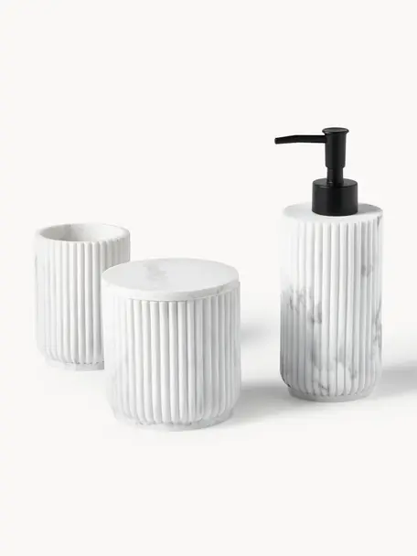 Set de accesorios de baño Kacie, 3 pzas., Dosificador: plástico, Blanco en look mármol, Set de diferentes tamaños
