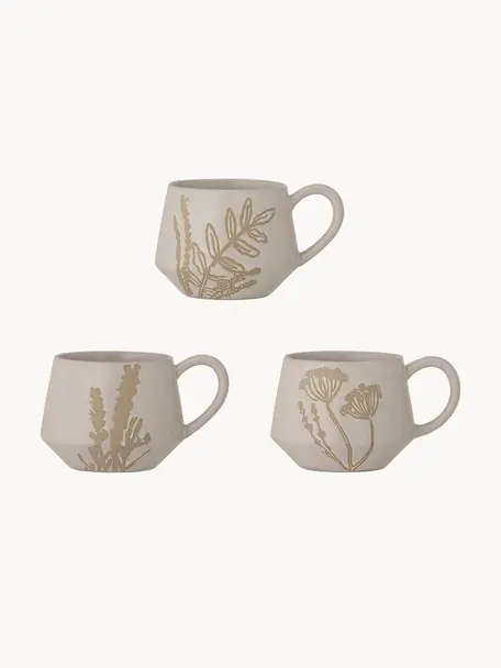 Handgemaakte mokken Primrose met bloemenmotief, set van 3, Keramiek, Beige, Ø 11 x H 8 cm, 380 ml