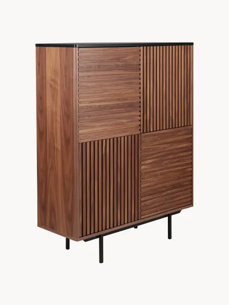 Credenza alta con decoro scanalato Nuance, Gambe: metallo rivestito, Legno, Larg. 100 x Alt. 140 cm