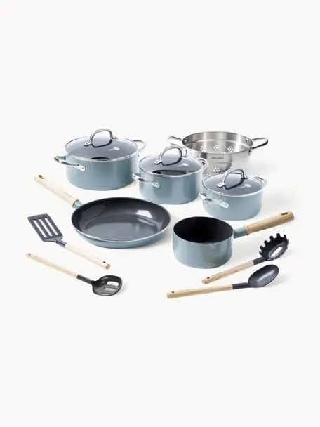 Batería de cocina antiadherente Mayflower, 10 pzas., Azul claro, madera clara, Set de diferentes tamaños