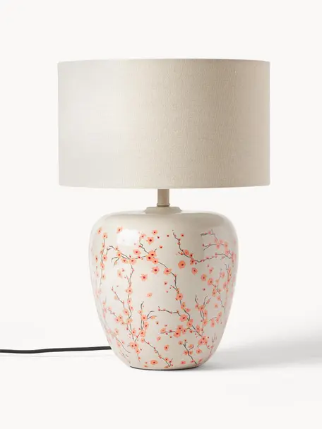 Grosse Keramik-Tischlampe Eileen, Lampenschirm: 100 % Polyester, Beige, Rosa, glänzend, Ø 33 x H 48 cm