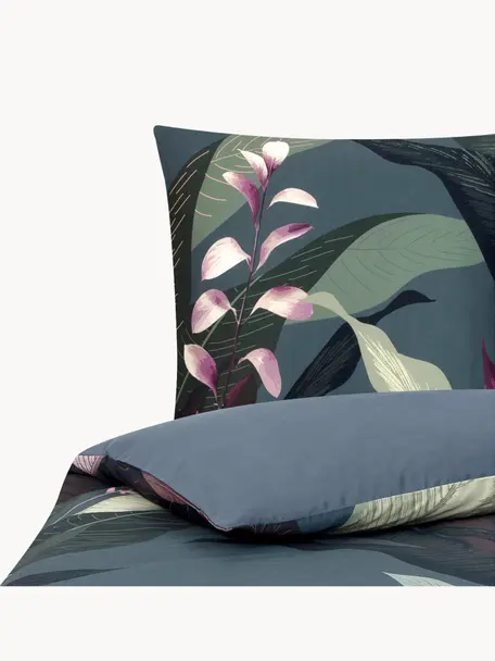 Parure copripiumino reversibile in raso di cotone Flora, Grigio scuro, con motivo vegetale, 155 x 200 cm, 2 pz