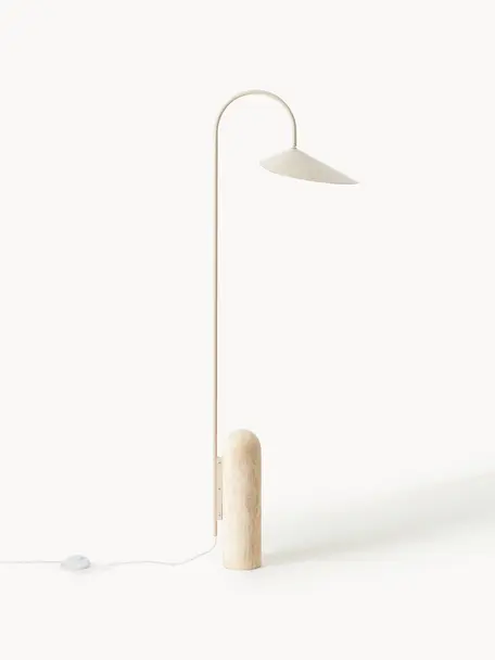 Stehlampe Arum mit Travertinfuss, verstellbar, Lampenschirm: Aluminium, pulverbeschich, Gestell: Eisen, pulverbeschichtet, Off White, Travertin Hellbeige, H 136 cm