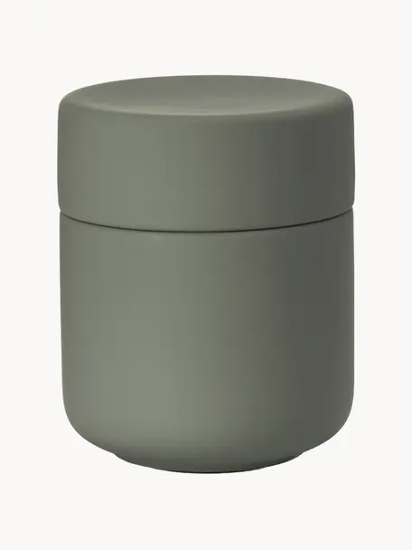 Boîte de rangement en grès cérame Ume, Grès cérame recouvert d'une surface douce au toucher (plastique), Vert olive, Ø 8 x haut. 10 cm