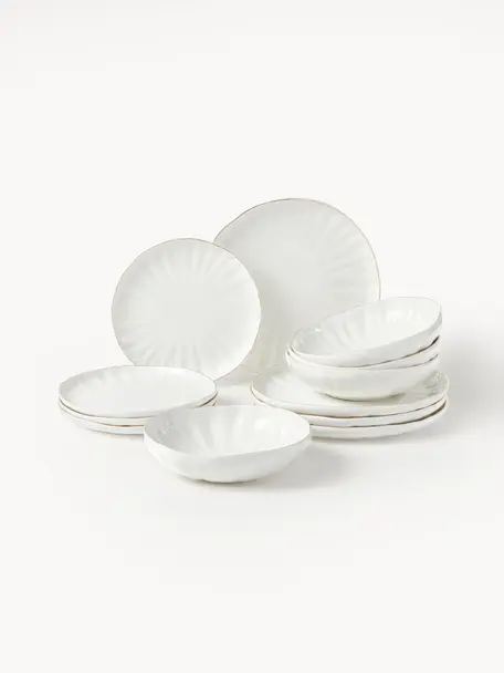 Service de table en porcelaine Sali, 4 personnes (12 élém.), Porcelaine, émaillée, Blanc avec bordure dorée, 4 personnes (12 élém.)