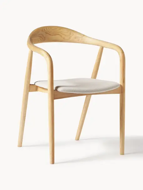 Silla con reposabrazos de madera con asiento tapizado Angelina, Tapizado: poliéster De alta calidad, Tejido blanco crema, madera de fresno clara, An 57 x Al 80 cm