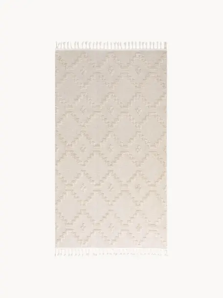 Tappeto boho con motivo a rilievo Oyo, Retro: 100% cotone, Bianco crema, Larg. 80 x Lung. 150 cm (taglia XS)