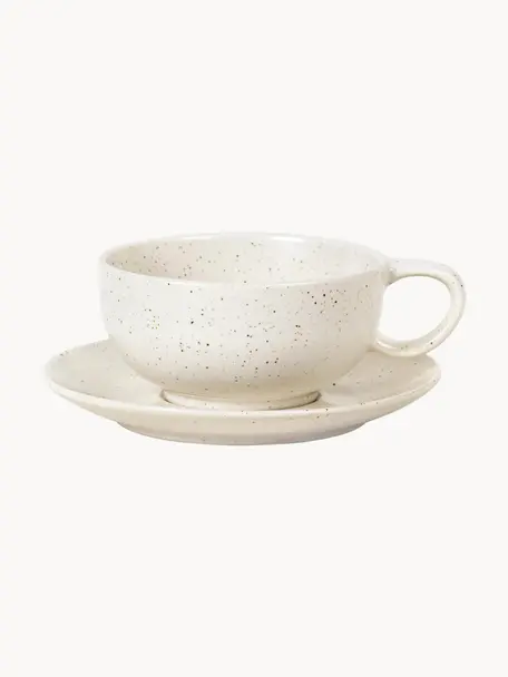Tasse rustique faite main avec sous-tasse Nordic Vanilla, Grès cérame, Blanc crème, moucheté, Ø 11 x haut. 5 cm, 250 ml