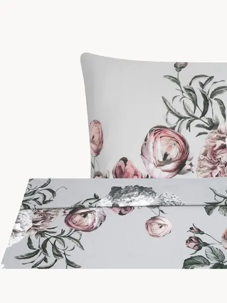 Parure letto in raso di cotone Blossom, Grigio chiaro, multicolore, 240 x 300 cm + 2 federe 50 x 80 cm