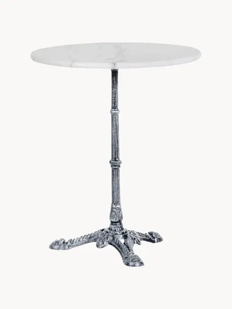 Tavolino rotondo con piano in marmo Loire, Ø60 cm, Struttura: metallo verniciato a polv, Bianco marmorizzato, argentato, Ø 60 x Alt. 72 cm